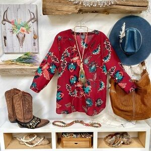 Enchanting folk floral peasant vibe boho blouse w prairie country vibe
